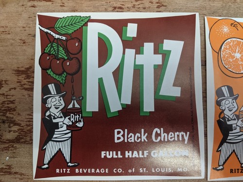 NOS Soda Bottle Label RITZ Orange & Black Cherry SODA St Louis Missouri. 1/2 Gal - Picture 2 of 4