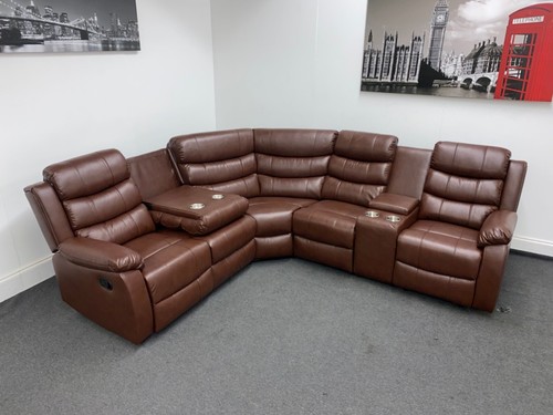 Landos 2C2 + Drinks Console Modular Recliner Brown Leather Corner Sofa - Picture 5 of 6