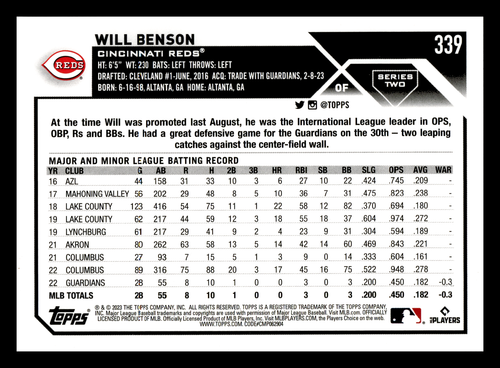 2023 Topps Will Benson RC Rookie #339 Cincinnati Reds Centered Mint - 第 2/2 張圖片
