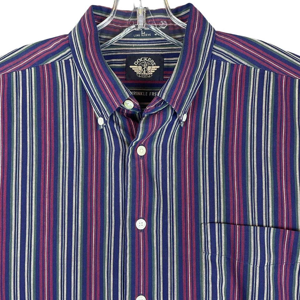 Винтажная мужская рубашка Docker's без складок L 100% полосатый хлопок на пуговицах - Изображение 3 из 4