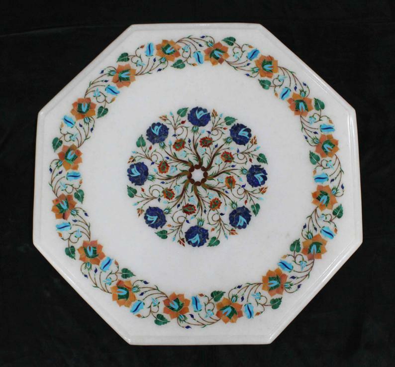 18-inch marble tabletop with floral inlay and semi-precious stones for elegant home decor