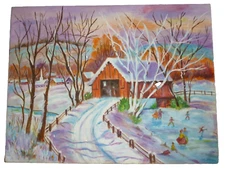 OIL PAINTING Marion Gutekunst 14x18" Naif Naive Winter Folk Art Barn Christmas