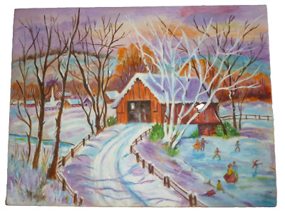 OIL PAINTING Marion Gutekunst 14x18'' Naif Naive Winter Folk Art Barn Christmas
