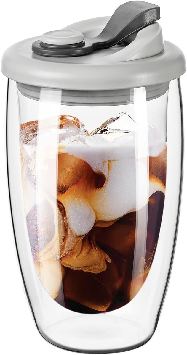 Double Wall Glass Coffee Mug Glass Coffee Cup with Silicone Lid 15 OZ  Insulated | eBay