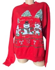 Vtg 90s Hanes Red Teddy Bear Christmas Tree Comfort Blend Sweater Sweatshirt L