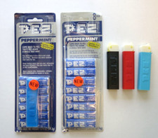 PEZ 4 No Feet Regulars Dispensers Black Red Blue RARE Peppermint Candy Refills