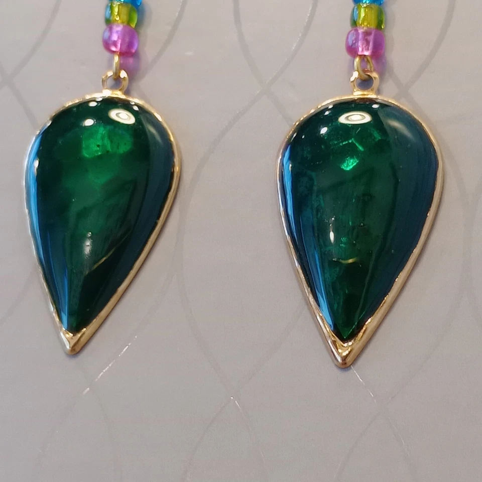 Emerald Green Enamel Drop Dangle Beads Blue Green Pink Earrings Vintage Estate - Image 2 of 4