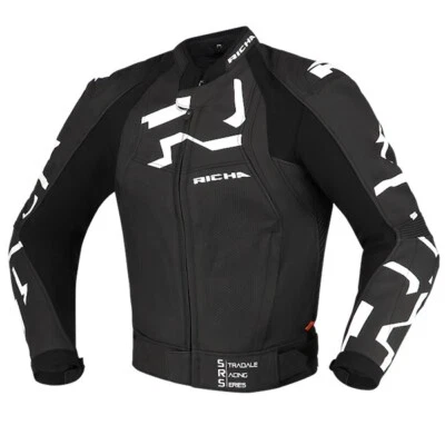RICHA STRADALE Schwarze/Weiße Motorrad-Sportlederjacke Für Straße/Rennstrecke AA - Bild 1 von 4
