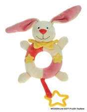 FREE POST baby soft plush toy pink RABBIT BUNNY~ RING RATTLE & TEETHER Brand NEW