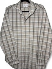 Calvin Klein Slim Fit Non-Iron Cotton Plaid Dress Shirt 15 32/33 Gray Beige