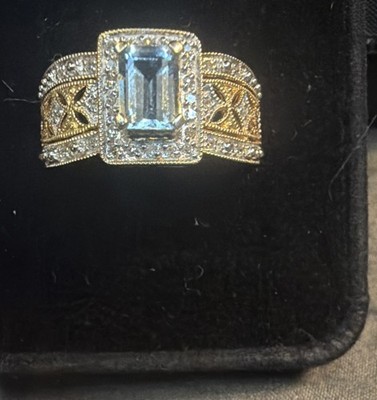 Vintage 14K Art Deco Style Two Tone Aqua and Diamond Cocktail Ring(New) OS