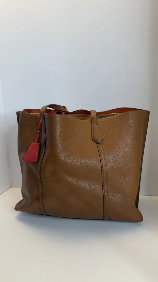 Tory Burch Perry Large Leather Tote Brown Orange Interior Shoulder Bag - Image 2 of 4