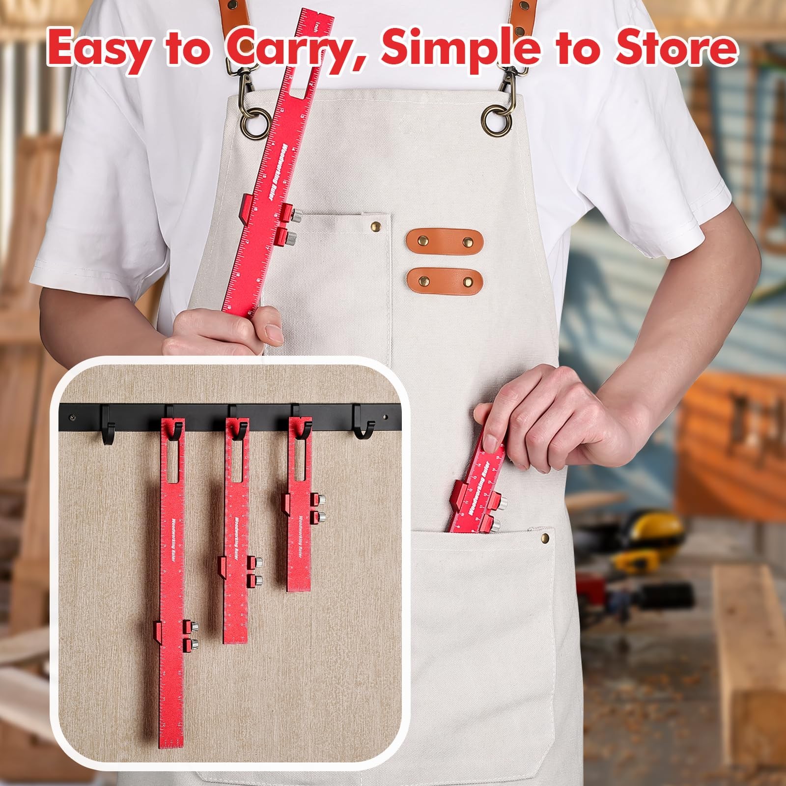 3PCS Woodworking Ruler Set, Precision Pocket Ruler with Adjustable Slide Stop, A