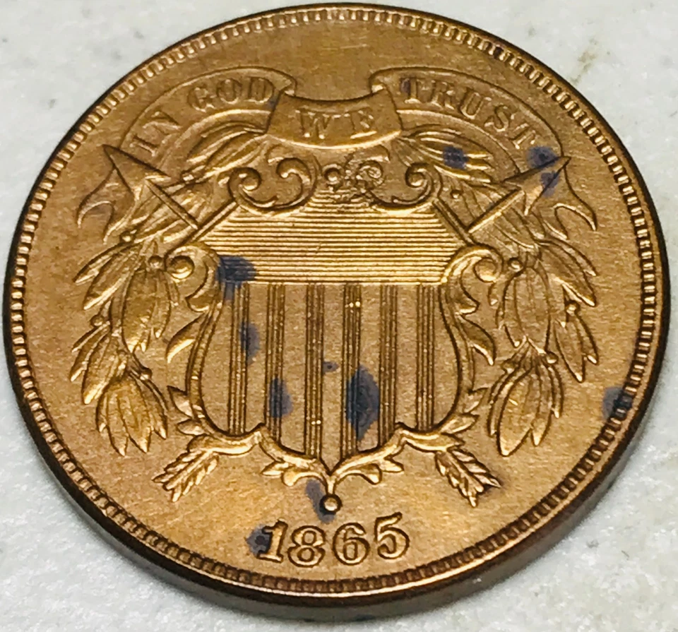 1865 Two Cent Piece 2C FULL MOTTO Civil War Era US Copper Coin CC28217 - Image 3 of 4