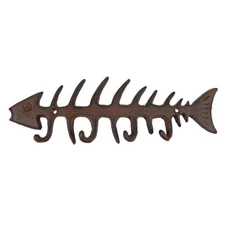 Large Cast Iron Fish Bone Skeleton Wall Hook Rack Key Coat Towel Hanger Brown