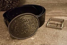 VTG Western Flower Swirl Design Gold Tone Oval Belt Buckle Set with Leather Belt