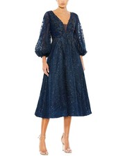 Mac Duggal Embellished Plunge Neck Bishop Sleeve Dress Women's