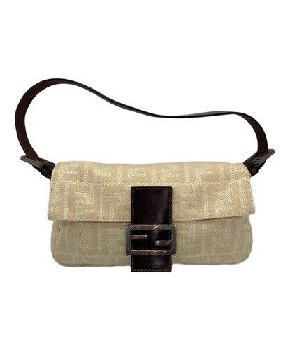 FENDI Mamma Baguette Zucca Canvas Beige Shoulder Bag FF Logo Vintage Auth