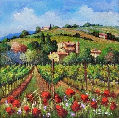 TUSCANY PAINTING FLOWERS VINEYARD LANDSCAPE BRUNO CHIRICI ITALY Toskana-Malerei