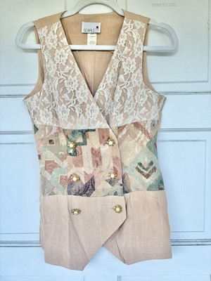 Vintage Vest Cottagecore Patchwork Lace Tapestry Grandma Chic Boho USA Coquette