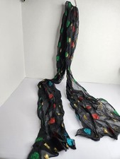 Vtg Scarf Sheer Black With Gol Red Green Blue Metallic Squares 56" X 8"