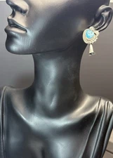 Native American Sterling Silver Kingman Turquoise Squash Blossom Stud Earrings