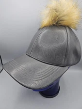 D&Y Faux Fur/Faux Leather Pom Pom Baseball Cap (Hat) Brown OSFM Bairly Worn