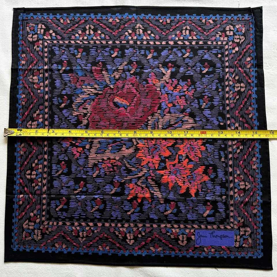 Lenço Vintage Preto Algodão Arte Floral Abstrata Bolso Tribal Quadrado 16" - Imagem 3 de 3