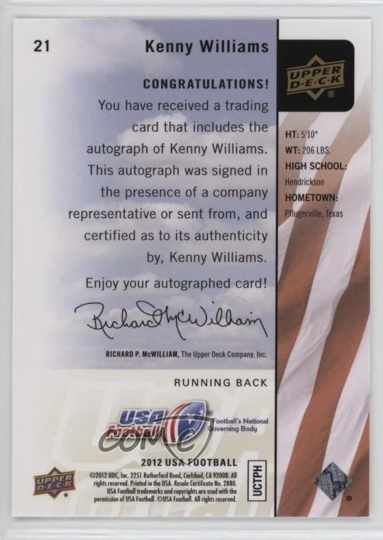 2011-12 Upper Deck USA Football Box Set Auto Kenny Williams #21 Auto - Image 2 of 2