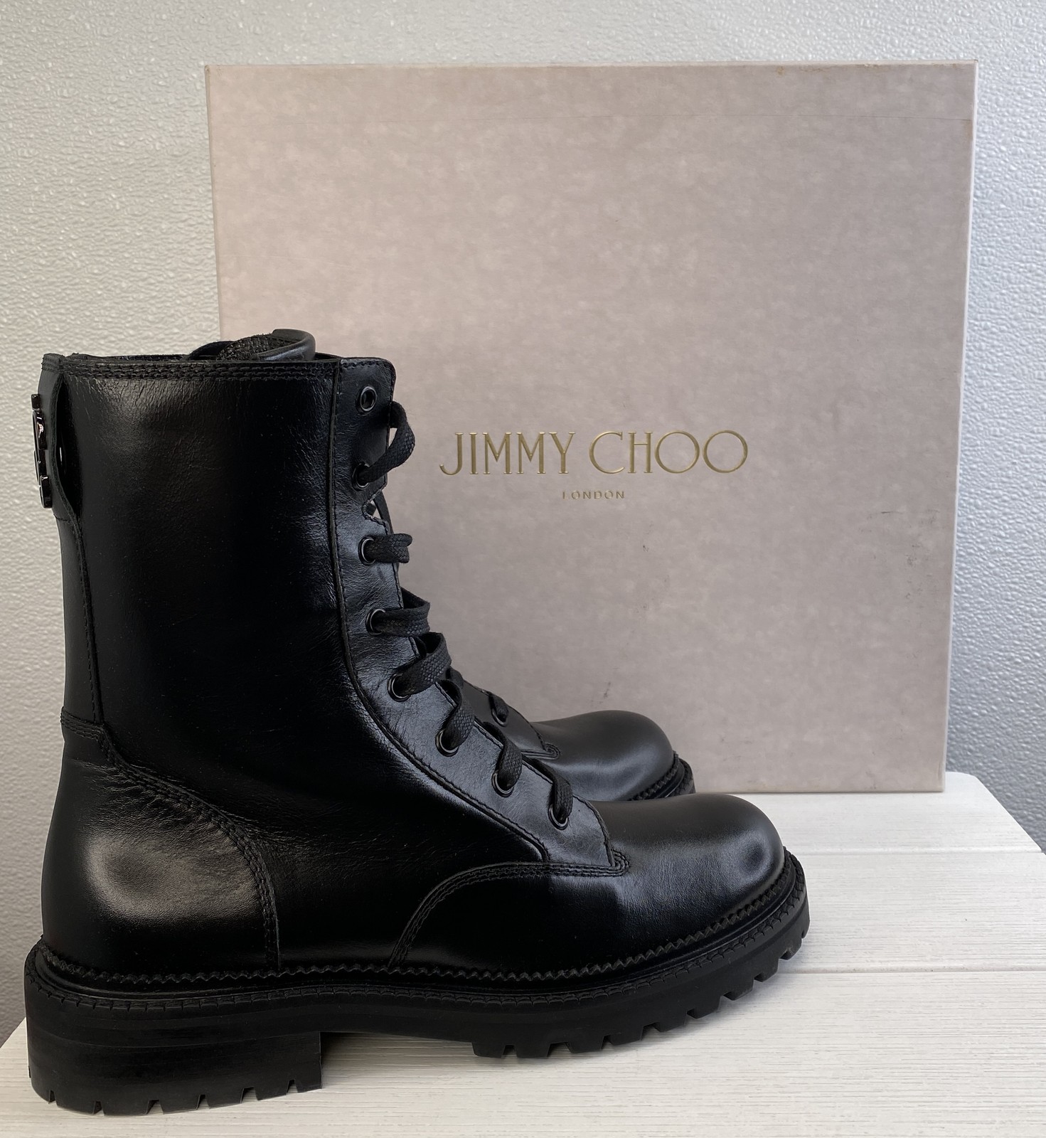 Jimmy Choo JC Combat Flat Lace Up Boots Women's US9.5 EU39.5 Black Leather