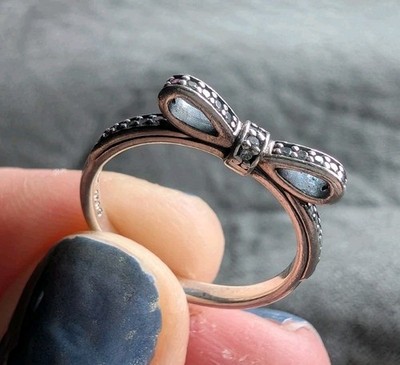Authentic Retired Pandora Silver Sparkling Bow Ring with Clear CZ, Size 8.5, 58