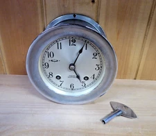 Vintage Chelsea Ship's Bell Clock Silver Nickel + Key 1920s 1930s WORKING 4.75"