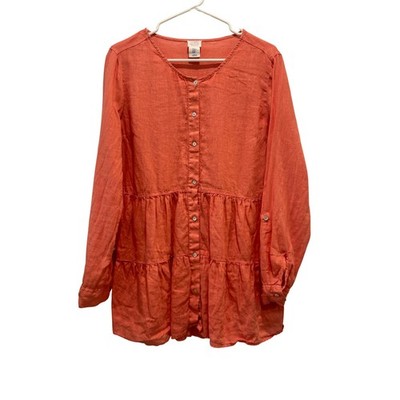 Sigrid Olsen Linen Tunic Sz Medium Coral Tiered Button Down Long Sleeve Roll Tab