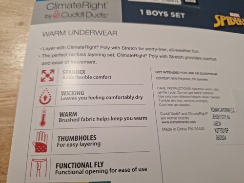 New Boys Size 8/10 Spiderman Warm Underwear By Climate Right By Cuddl Duds - Picture 3 of 5