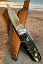 R W. Loveless knife M390 Naked Lady Design Black & Gold Handle EX Sharp EX Cond.