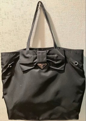PRADA Ribbon Nylon Leather Tote Bag Black A4 Size Pre-owned