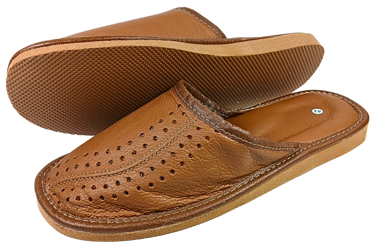 Herren Leder Hausschuhe Echtleder Pantoffeln Latschen Schlappen Braun Gr. 40-46