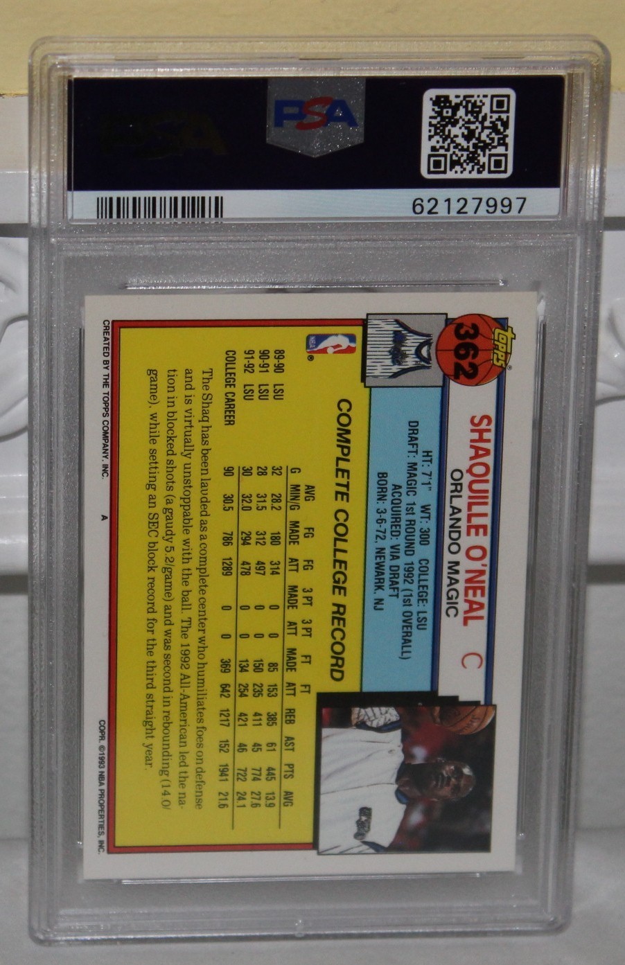 1992 Topps Basketball #362 SHAQUILLE O'NEAL ROOKIE RC Graded PSA 10 GEM MINT view 2