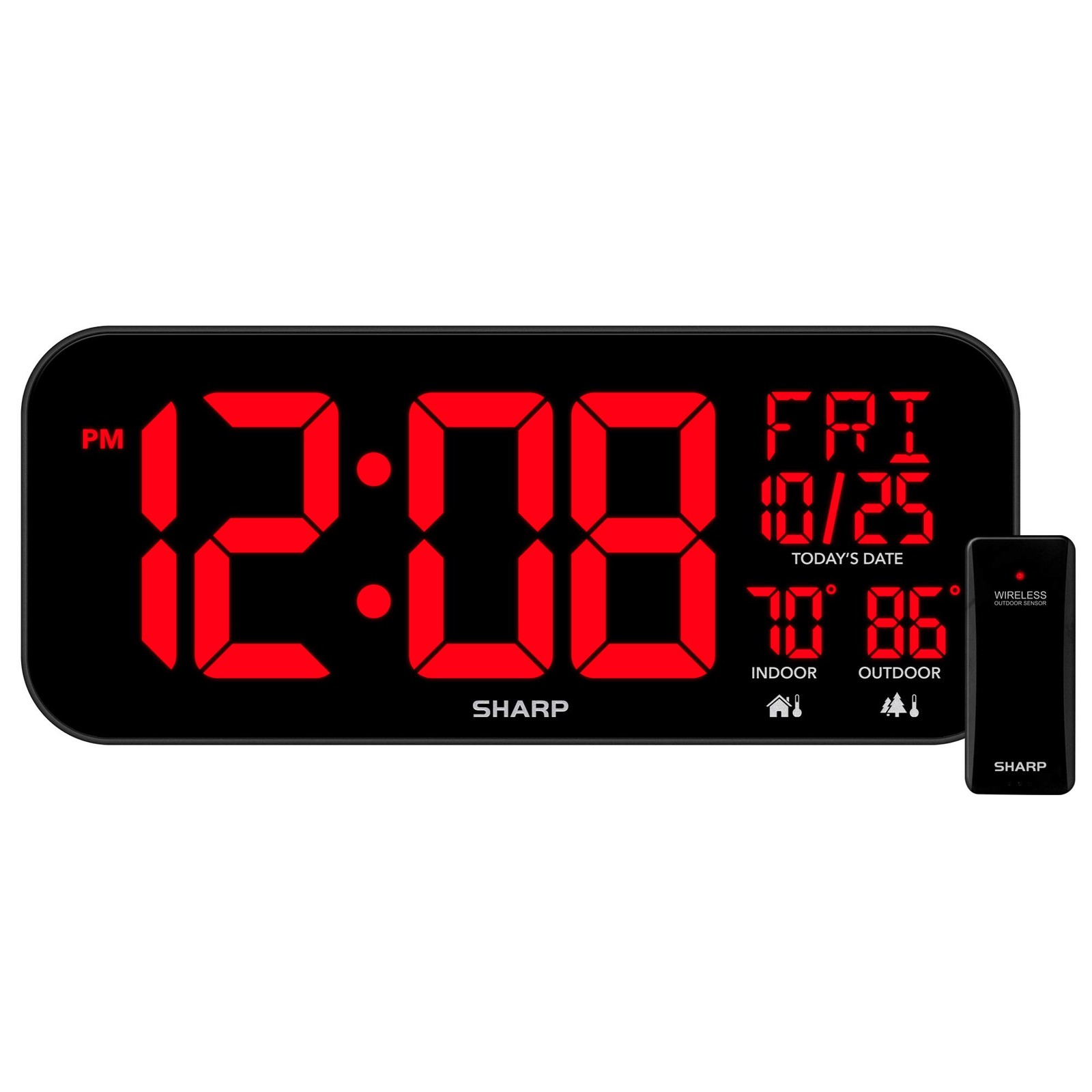Sharp 14" Jumbo Digital Wall Clock, 4" LED, Indoor/Outdoor Temp, Large, Black