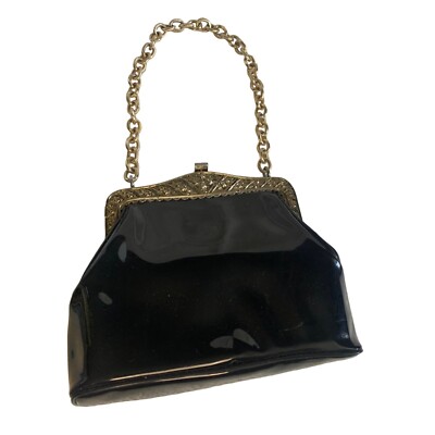 Vintage Garay Black Patent Leather Handbag Purse with Gold chain