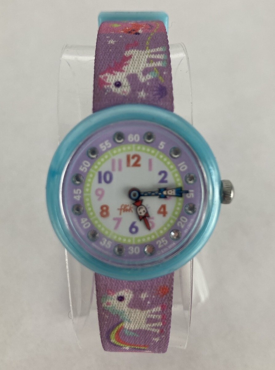 Flik Flak 30mm Blue Quartz Watch w/Purple Unicorn Band Battery