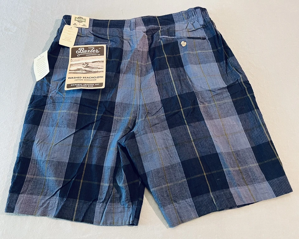 Baxter Brand Natural Shorts Mens 38 Blue Plaid Cotton Pleated Striped Deadstock - Image 4 of 4