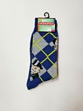 MONOPOLY Men  s Crew Novelty Socks Blue Yellow Size 6-12 argyle NWT