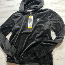 New Fila Womens Black Logo Long Sleeve Velour Quarter Zip Pullover Hoodie Sz. Sm