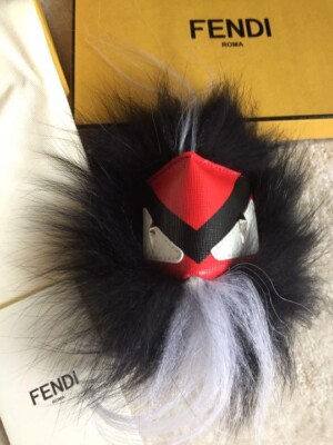 Authentic Fendi Monster Bugs Bag Charm Leather Fur Key Ring Key