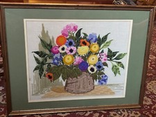 Hand-Stitched Crewel Embroidery Floral Framed Picture MCM Wall Art Vintage Read
