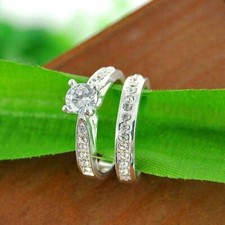 Bridal Set 2.4 TCW Round Cut Moissanite Engagement Ring In 14K White Gold Over