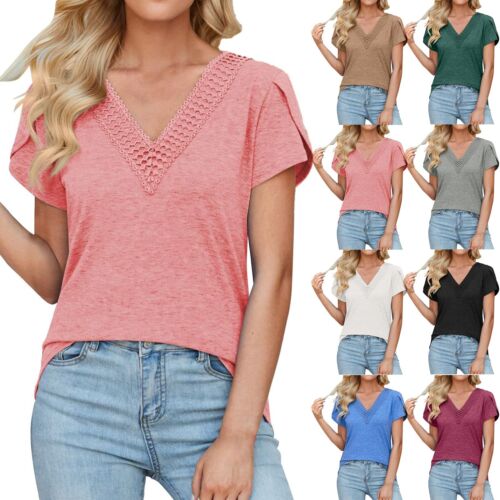 Women's Fashion Splicing V-neck Petal Sleeve Solid Color Casual T-shirt Short