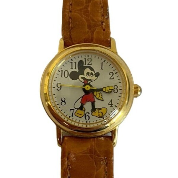 Vintage Mickey Mouse Gold Plated Retro Watch 2035-21 Leather Band