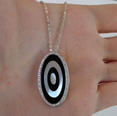 OVAL EVIL EYE NECKLACE PENDANT W/ LAB DIAMONDS & MOTHER OF PEARL / 18''